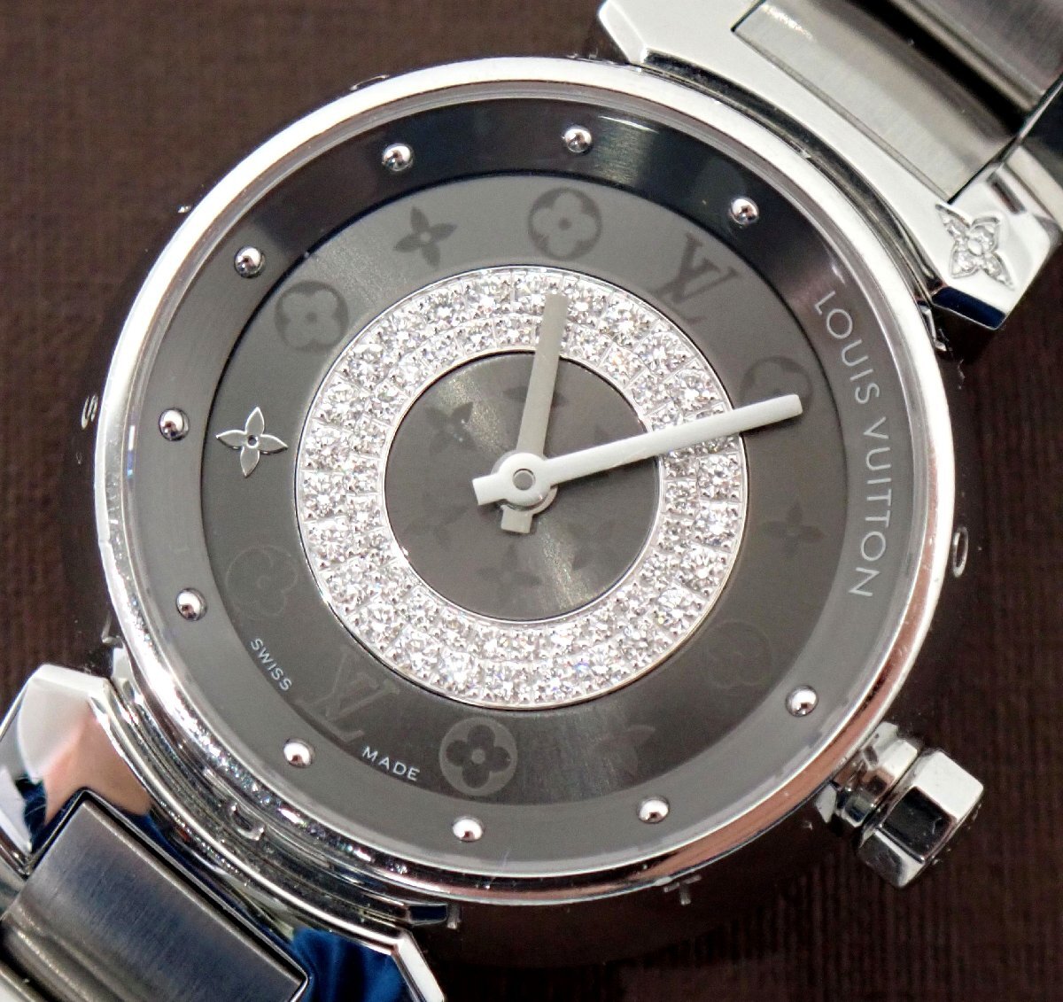  нержавеющая сталь ремень! Vuitton язык b-ru диск PM Q12MU монограмма Circle diamond бриллиант кварц женский часы 