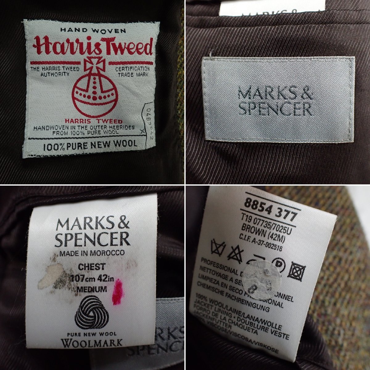 ★Marks&Spencer/マークス&スペンサー ハリスツイード テーラードジャケット M/メンズL相当/ダークカーキ系/ウール100%&1906800196の画像5