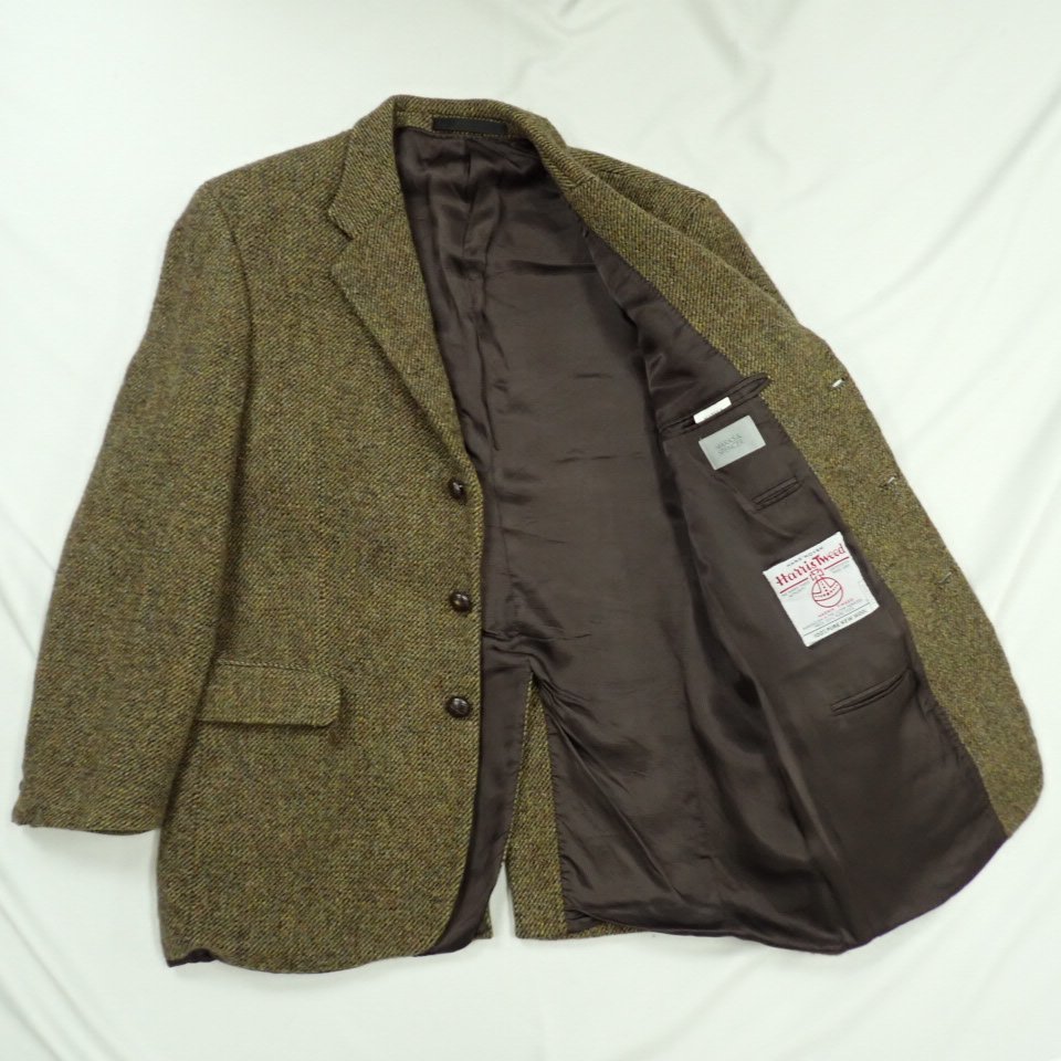 ★Marks&Spencer/マークス&スペンサー ハリスツイード テーラードジャケット M/メンズL相当/ダークカーキ系/ウール100%&1906800196の画像4