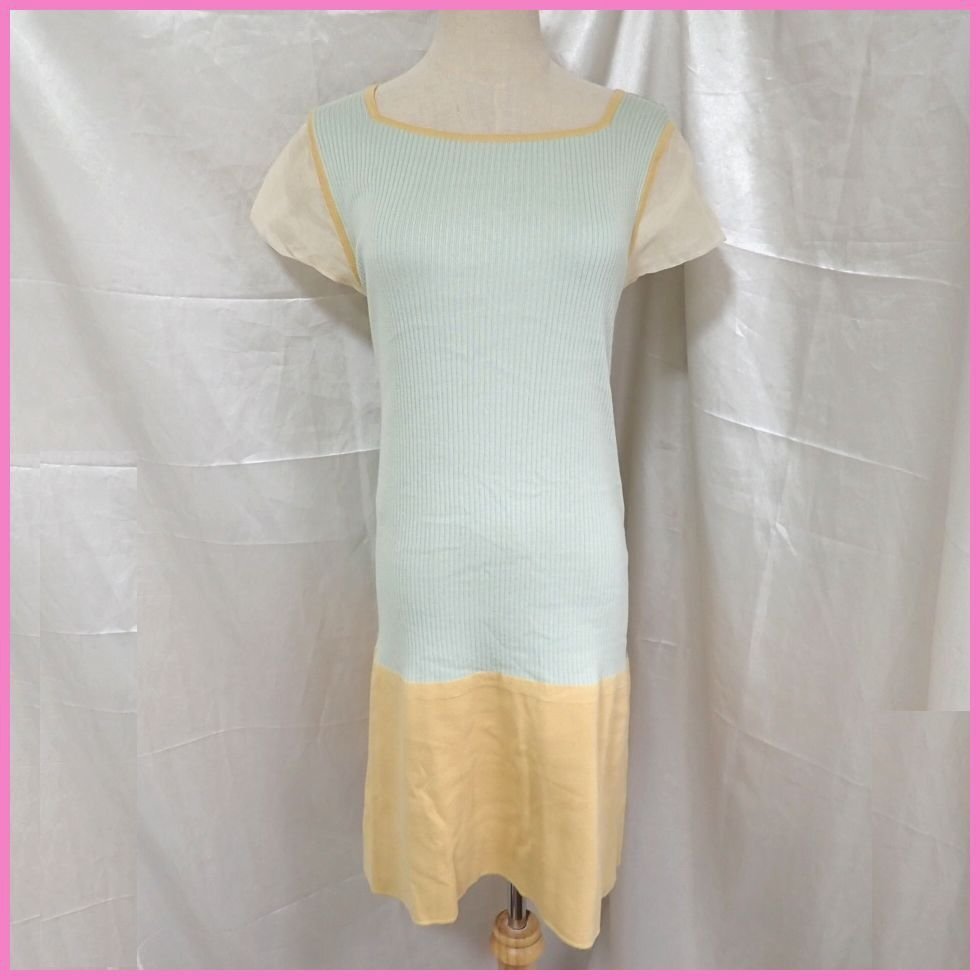 *FENDI/ Fendi short sleeves knitted One-piece 38/M corresponding / knees height / green group × light blue / cotton / sleeve chiffon / scoop do neck &1976800114