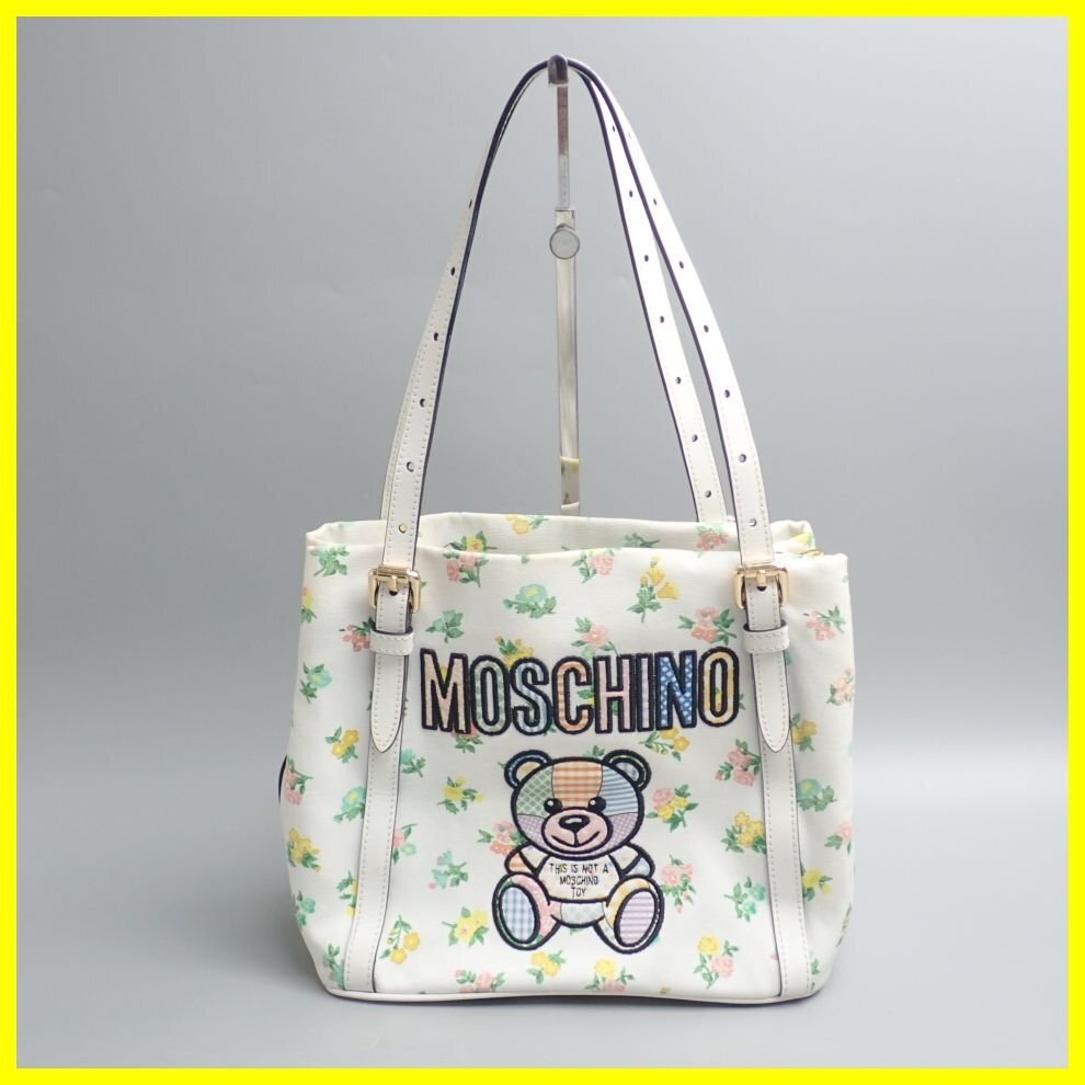 ★MOSCHINO/モスキーノ テディ トートバッグ オフホワイト/キャンバス×レザー/花柄/肩掛けOK/イタリア製&0745400015_画像1