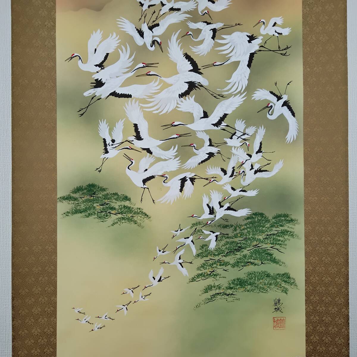 【模写 掛軸】吉川鶴城 作 「寿鶴之舞」 絹本 花鳥図 鳥獣 日本画 絵画 日本美術 掛軸 共箱     #0557/2の画像4