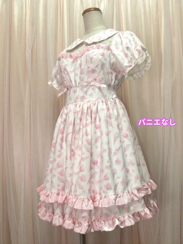 4-40☆Bon24Hiz*白地にパステル系ピンクのアイスクリーム柄*ワンピースドレス/M/W28~36.B40~43☆の画像9