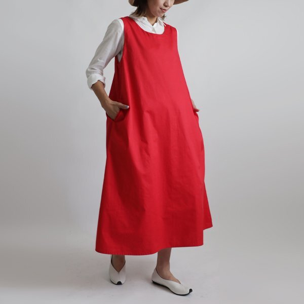 春１０００円からスタート １２２ｃｍ かぶるだけAライン 贅沢 ロング ワンピース ジャンパースカートゆったり 赤レッドH04の画像1