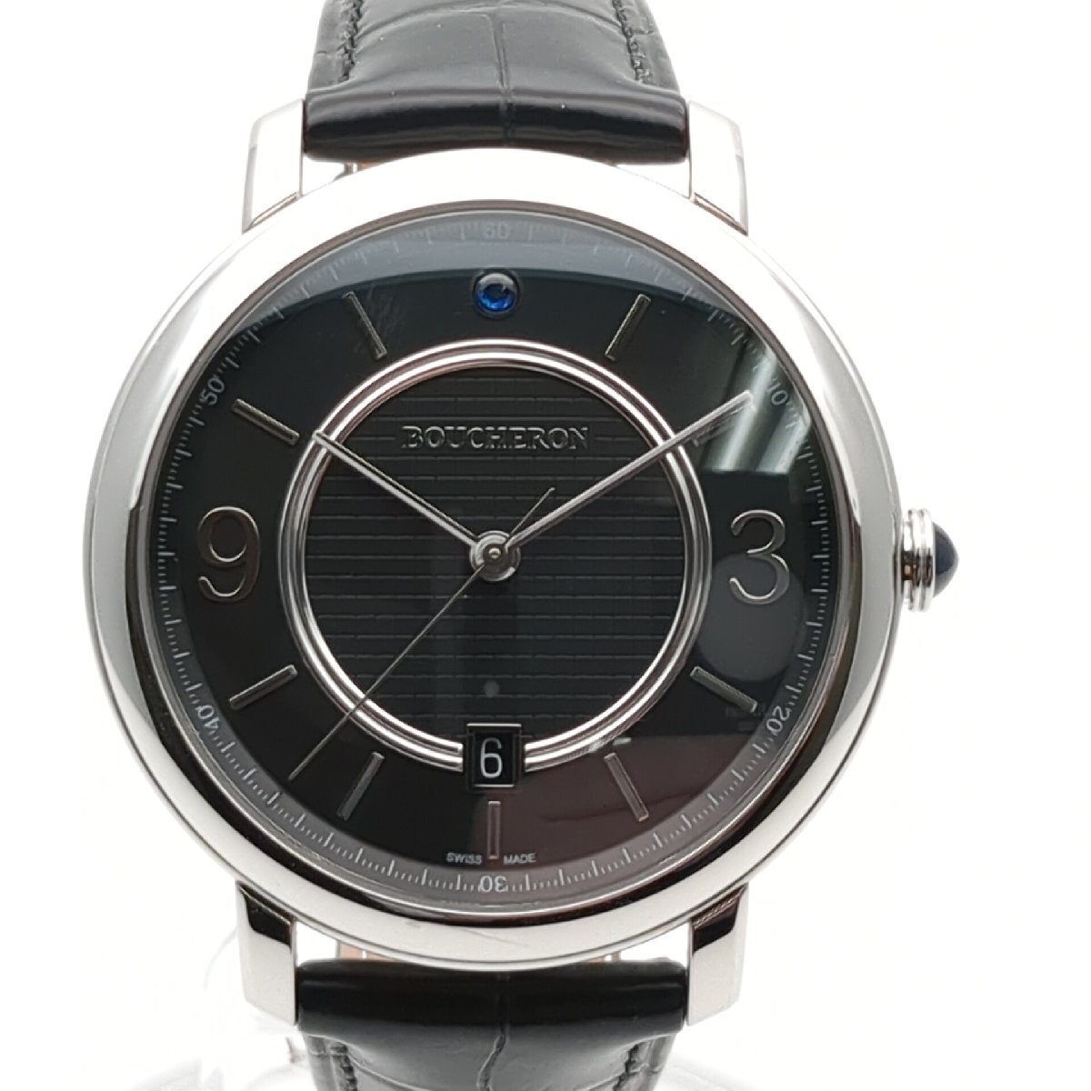 【美品】 BOUCHERON ブシュロン エピュール WA021204 ブラック文字盤 デイト メンズ 自動巻き 腕時計 動作品 純正ベルト