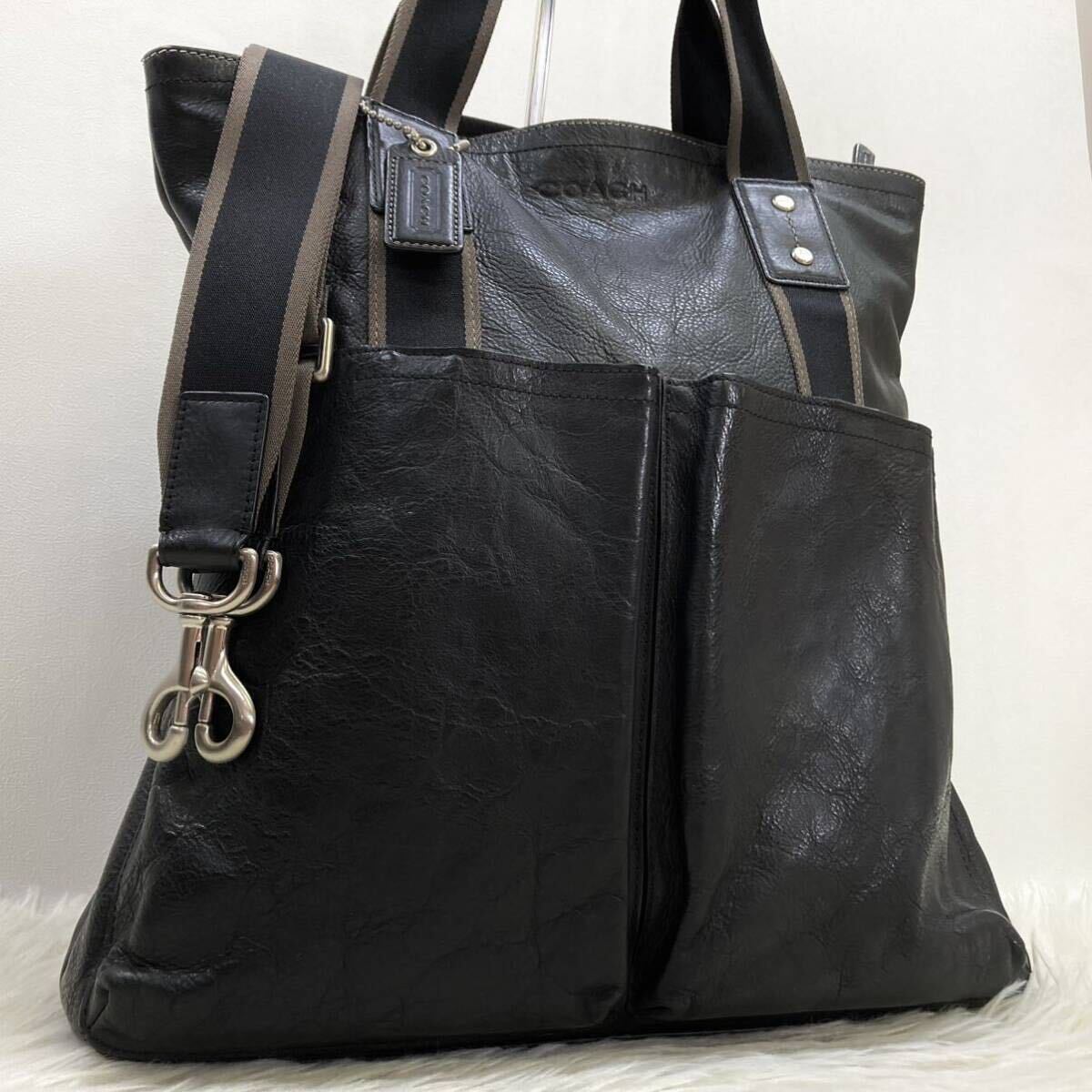 1円 【美品】 COACH コーチ F70558 ヘリテージウェブ 牛革 フルグレインレザー フォルドオーバー トートバッグ 2way A4収納 黒 メンズ 通勤の画像1