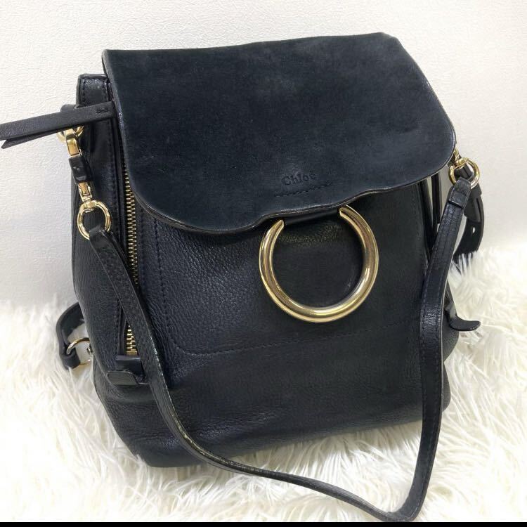 1円 【美品】 Chloe クロエ リュック バックパック スエード スウェード レザー ゴールド金具 レディース ブラック 黒 の画像1