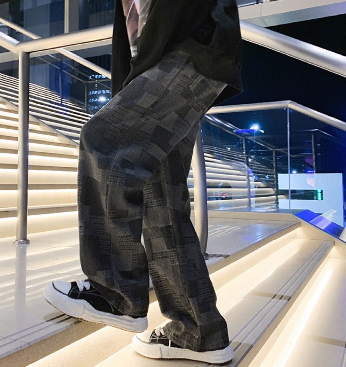 ワイドパンツ 黒 ブラック ゆったり 春服　大きめ　モザイク柄　韓国ファッション　海外　ストリート　メンズ　ボトムス　ジーパン