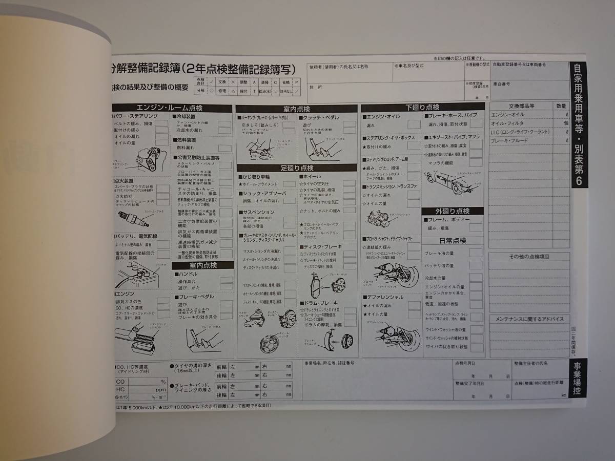 1冊★★自動車点検整備記録簿★分解整備記録簿★★自家用車 2年 2年点検 24か月点検 別表6 未使用 メンテナンスノート 点検 車検 整備の画像2