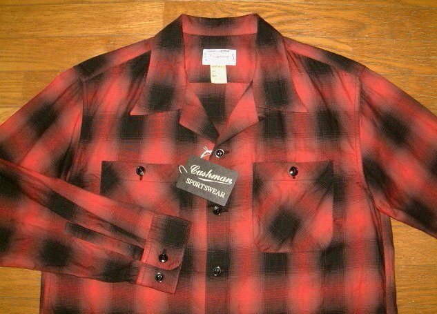 新品 CUSHMAN クッシュマン 100% コットンツイル生地 1940's ビンテージ オンブレーチェック柄 長袖 オープンカラーシャツ (Lサイズ) 赤 黒_画像5