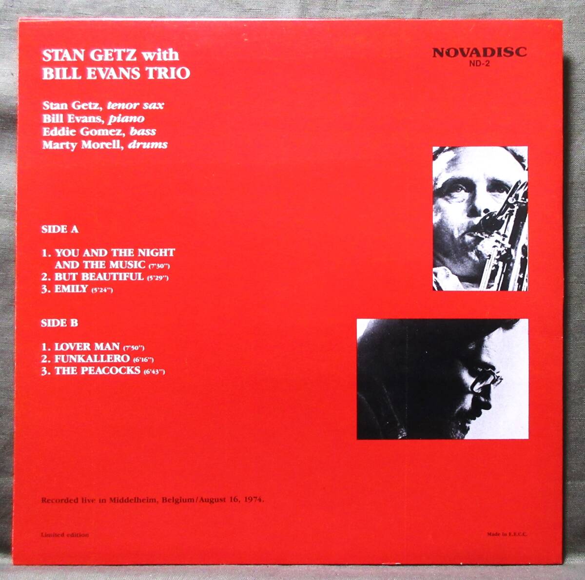 (LP) 美品! EU/オリジナル STAN GETZ With BILL EVANS TRIO [LIVE IN BELGIUM 1974] Limited Edition/Made in E.E.C.C./NOVADISC/ND-2_画像2