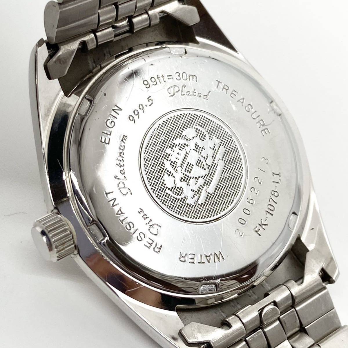ELGIN PLATINUM PLATED 999.5 腕時計 デイデイト ラウンド ダイヤインデックス 3針 シルバー 銀 エルジン プラチナ D111の画像7