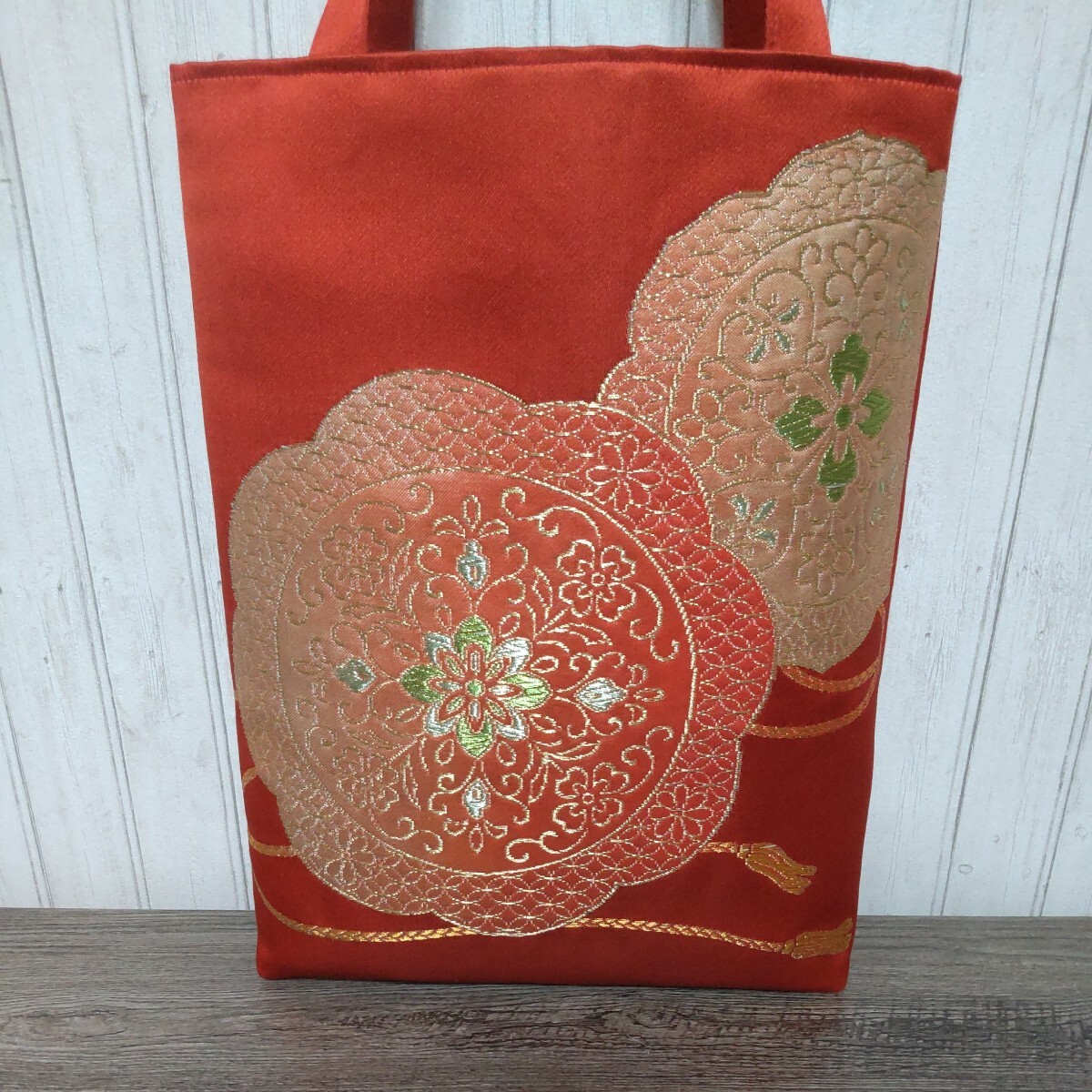  tote bag *A4 length [.*heart] obi remake hand made sub bag .. old bag Japanese style peace pattern kimono 1 point thing 