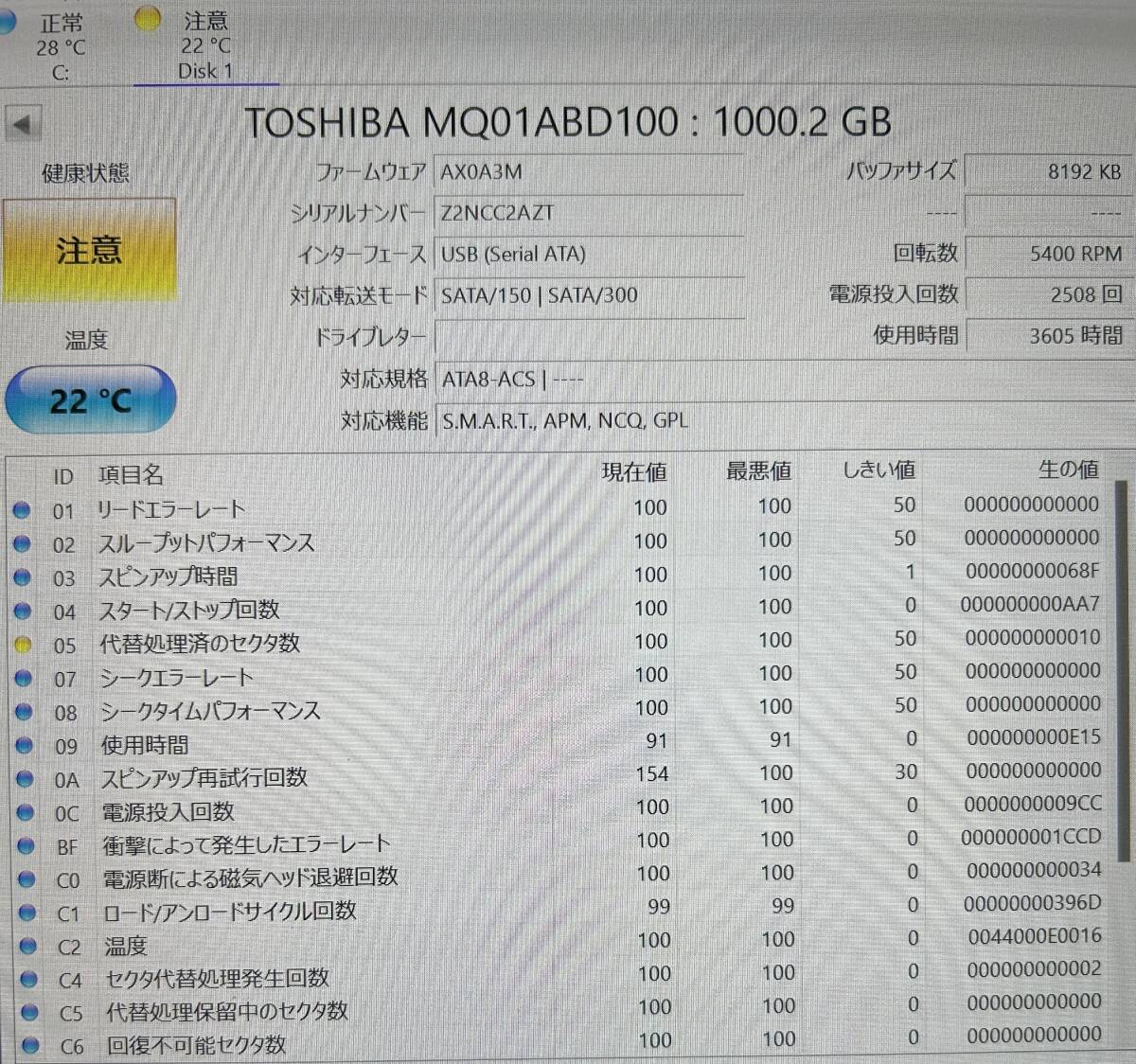 即決　CrystalDiskInfoにて確認済み　中古 TOSHIBA (東芝) HDD 　1000GB　SATA 5400rpm 内蔵ハードディスク 注意/8台セット_画像4