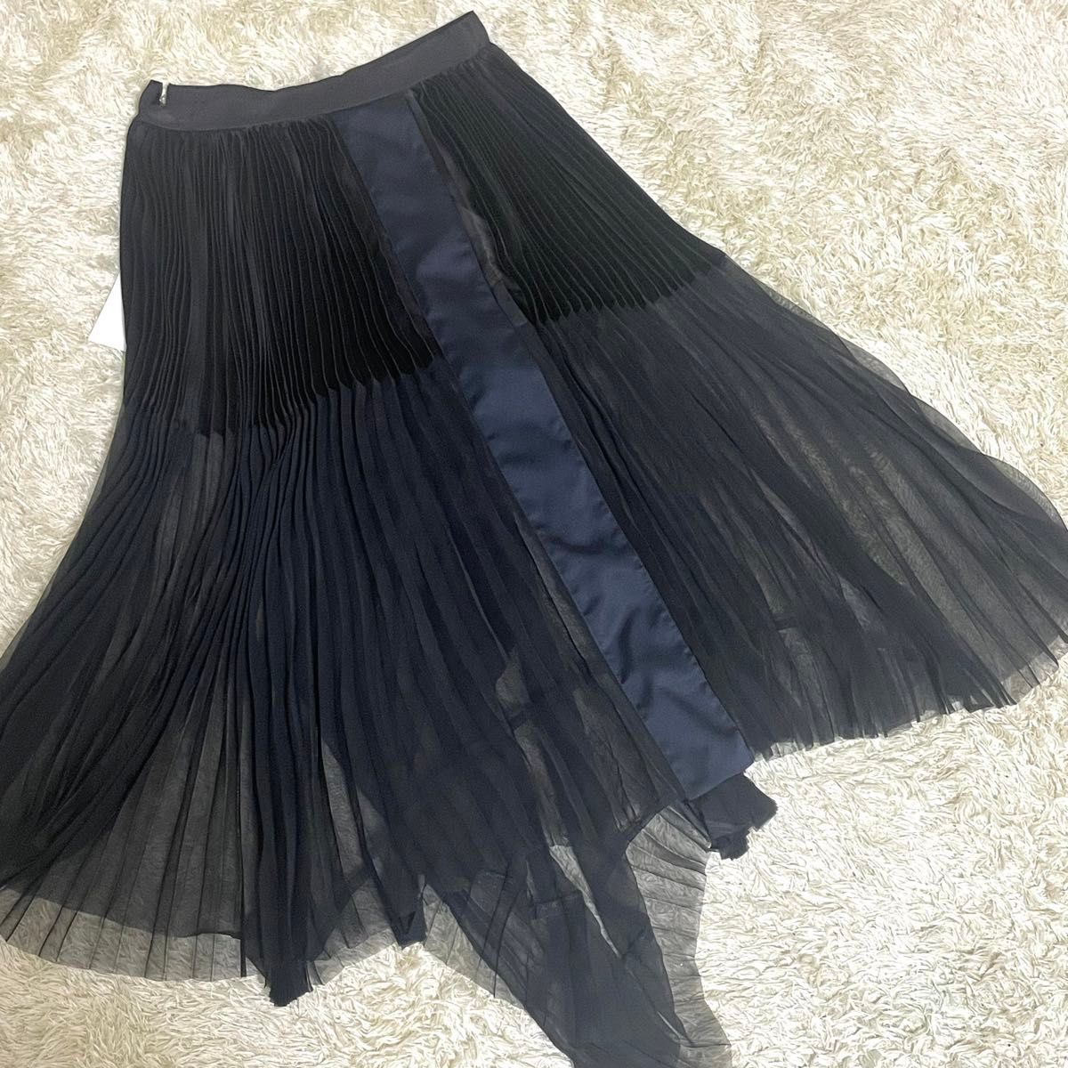 【未使用・タグ付】sacai サカイ アシンメトリー プリーツスカート ドレープ スカート 黒×ネイビー Sサイズ