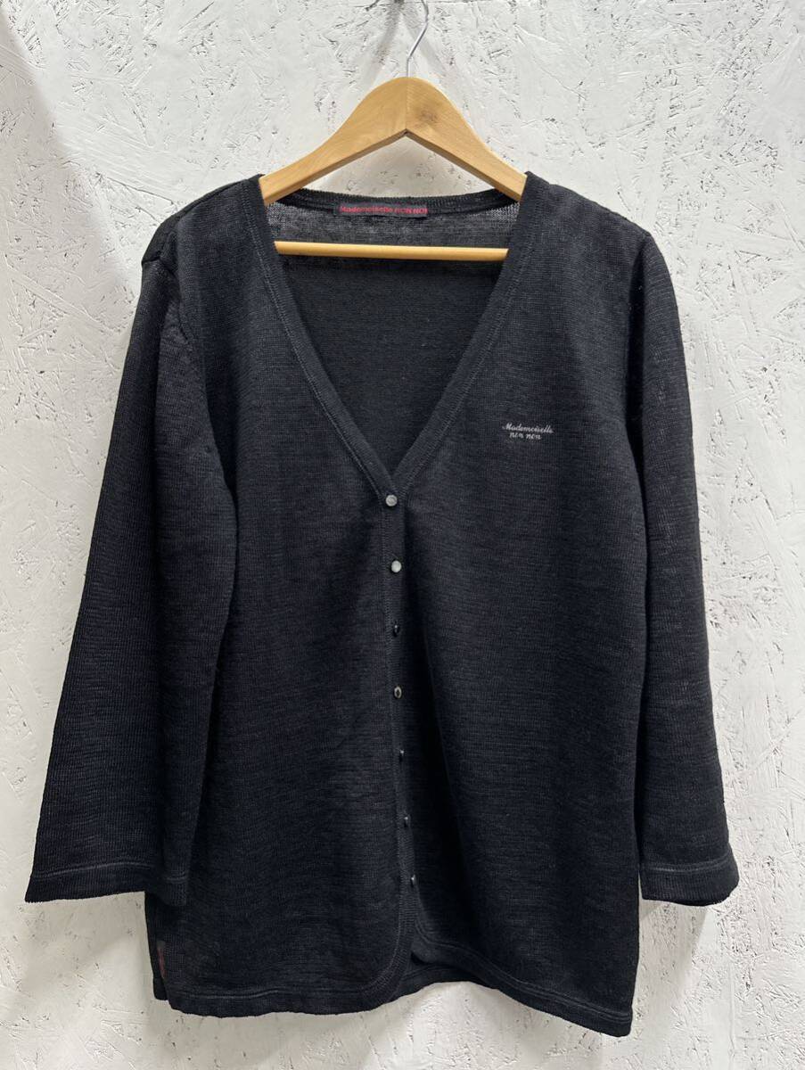 【美品】エ32☆Mademoiselle NON NON カーディガン　size40/L 黒/ブラック　麻100% 日本製　Vネック　七分袖　大人お洒落　トップス♪_画像1