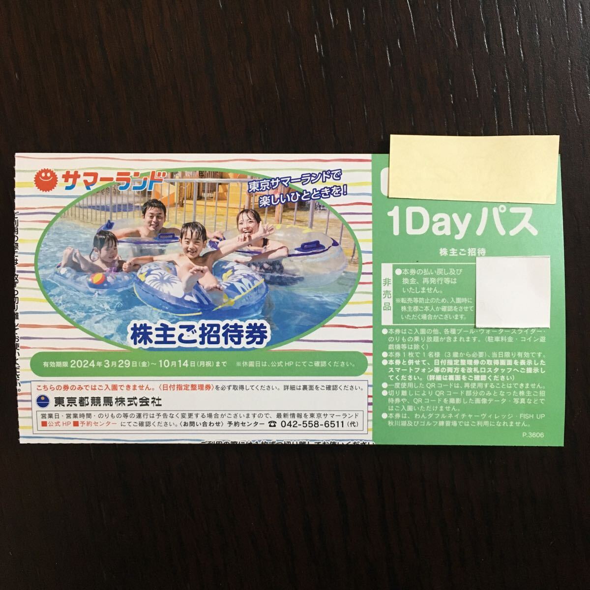 【最新】 東京サマーランド 株主ご招待券 1Dayパス(フリーパス)1枚 ミニレター対応63円 2024年10月14日まで　 東京都競馬 株主優待_画像1