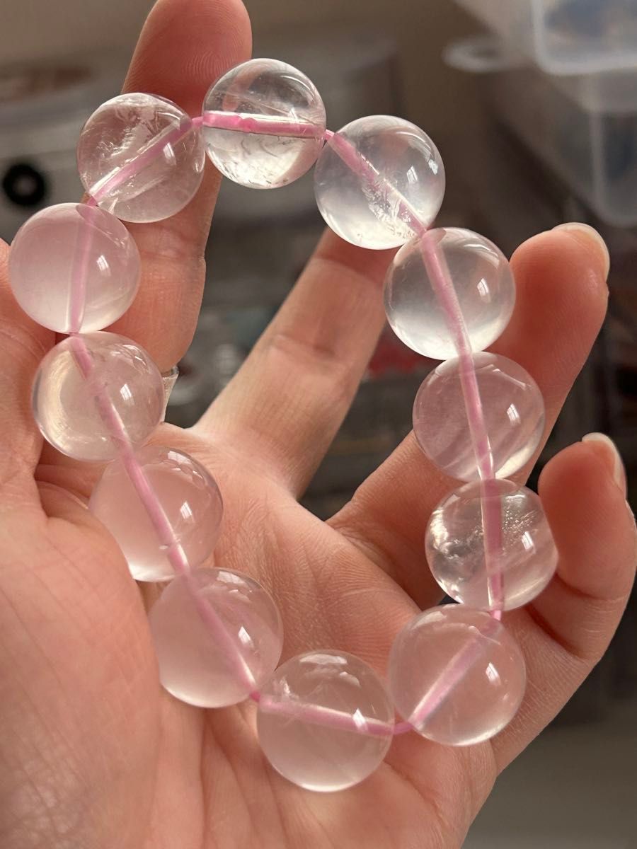 【パンダの工房】 天然石 自然光撮影 ブレスレット ローズクォーツ透明ピンク水晶15ミリ大玉現品一点