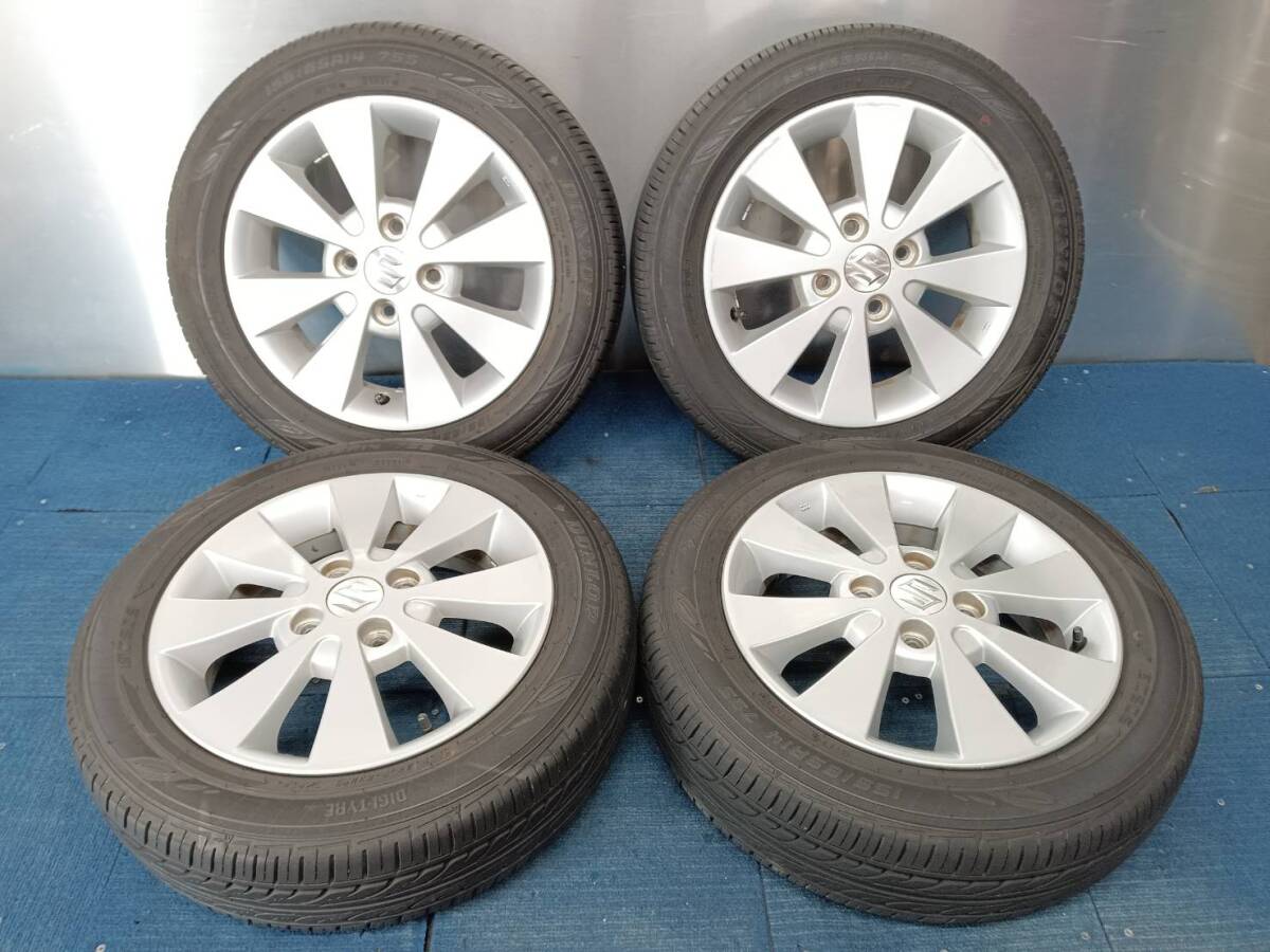 ★8-9分山★21年製★ ダンロップDIGI-TYRE EC202 155/65R14 スズキ純正ホイール 14×4.5J +45 4H-100 4本セット E681の画像1