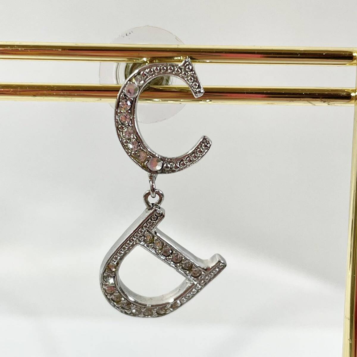正規品 クリスチャンディオール Christian Dior ピアス ラインストーン シルバー CDロゴ 両耳 アクセサリー 揺れる スイングの画像10