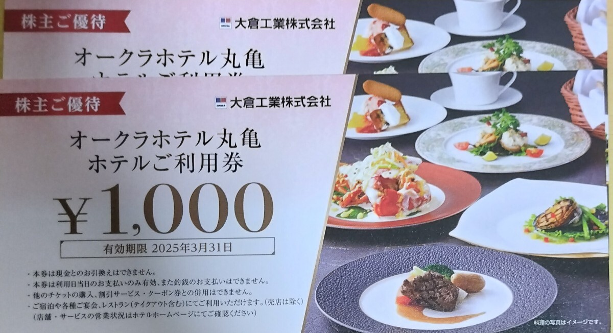 大倉工業株主優待 オークラホテル丸亀 ホテルご利用券2000円分（1000円×2枚）の画像1