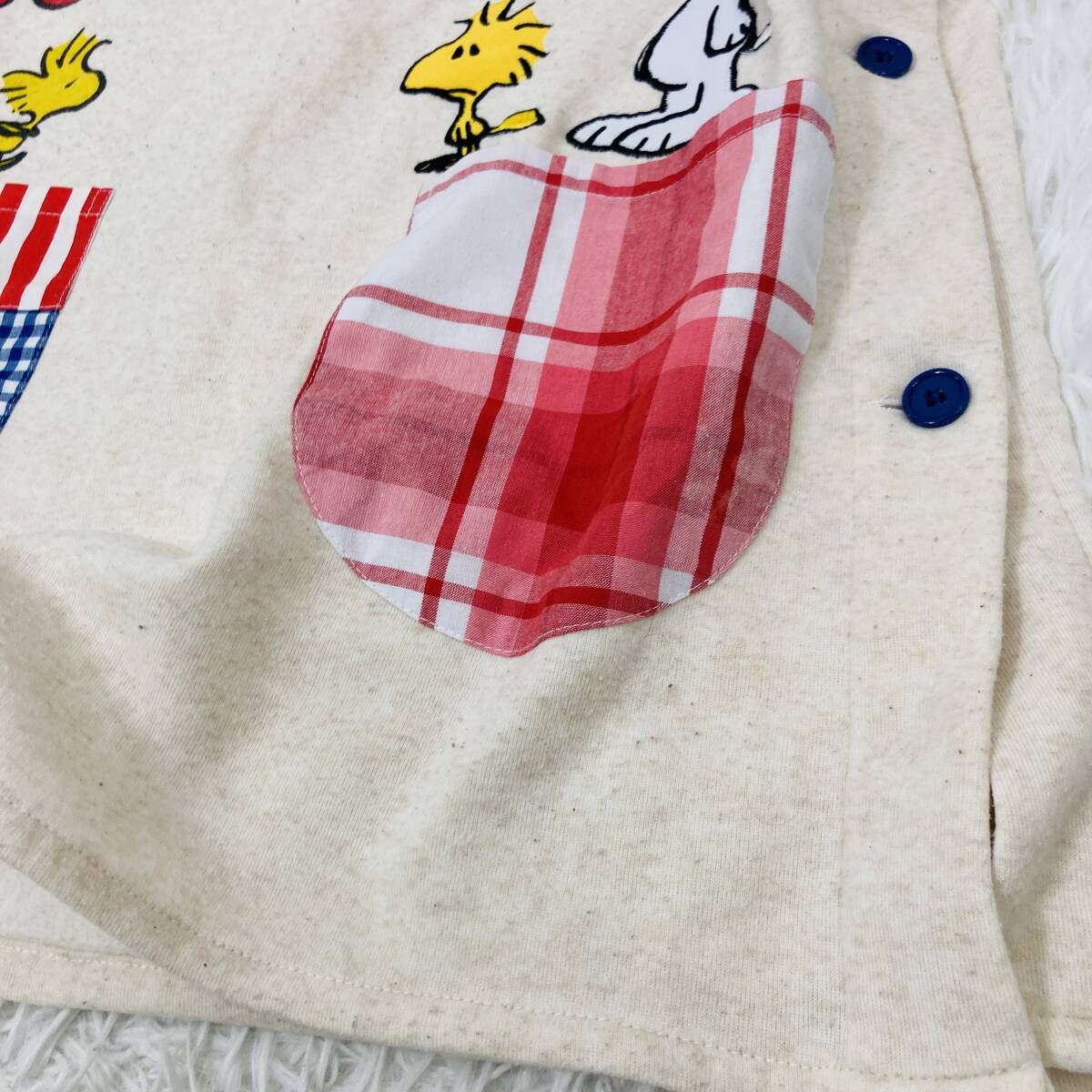 【273】エプロン PEANUTS スヌーピー チェック柄 ポケット ガーデニング 作業着 アイボリー M〜Lサイズ 可愛い_画像6