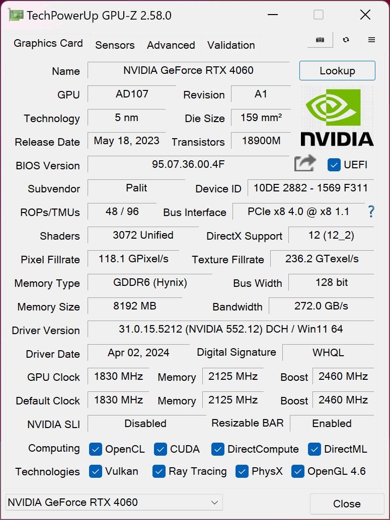 ★NE64060019P1-1070D (GeForce RTX 4060 Dual 8GB) 　動作確認済み、美品、欠品なし