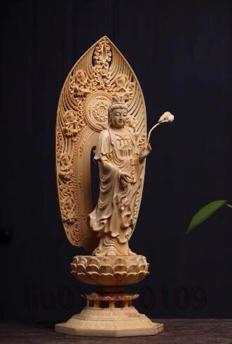 在庫わずか 仏教美術 精密彫刻 仏像 手彫り 阿弥陀如来三尊立像 高さ約43cm_画像5