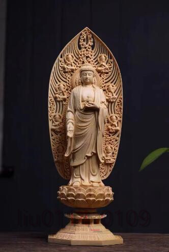 在庫わずか 仏教美術 精密彫刻 仏像 手彫り 阿弥陀如来三尊立像 高さ約43cmの画像3