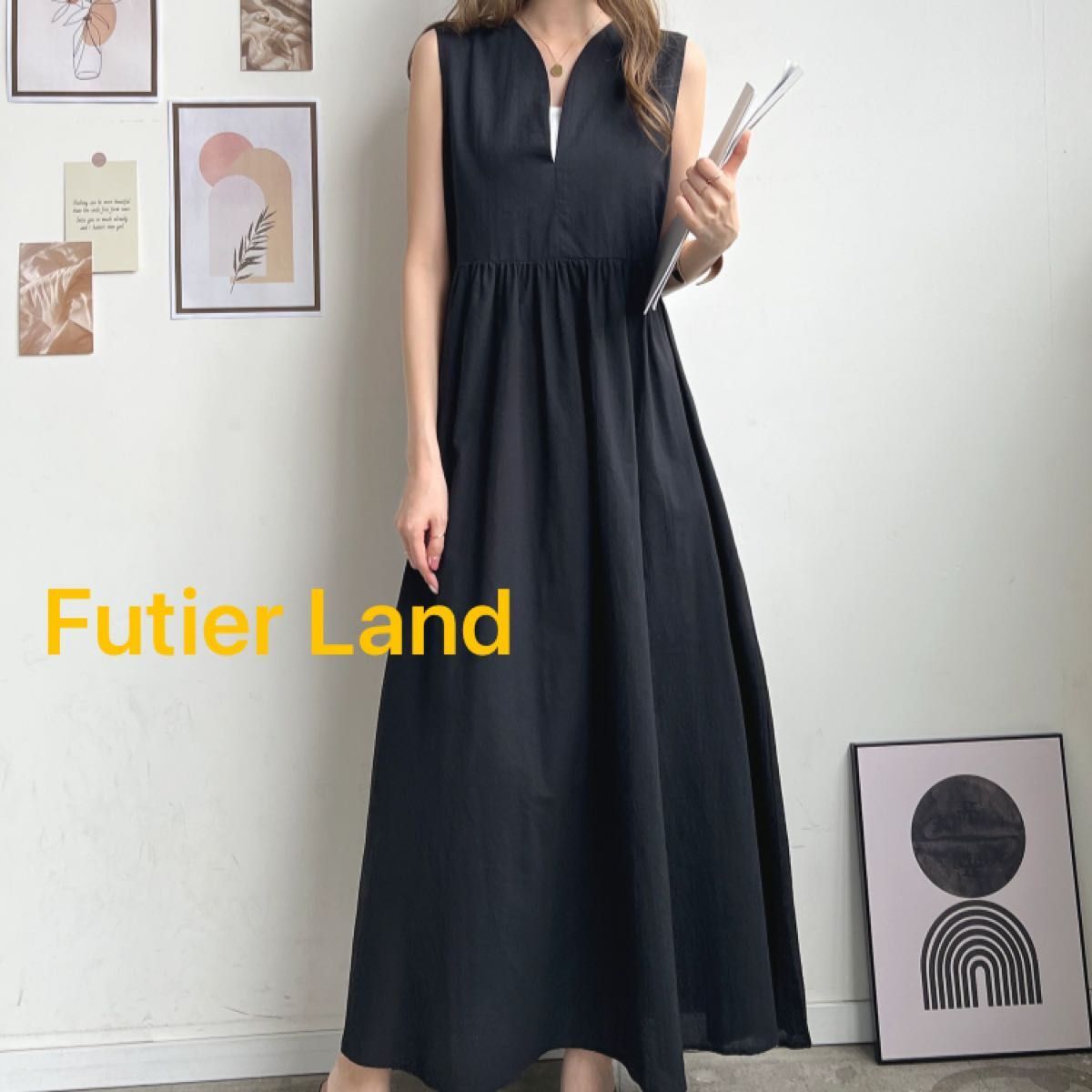 新品　Futier Land（フューティアランド）リネンＶネックロングワンピース　ノースリーブ　黒　ブラック　マキシ丈_画像1