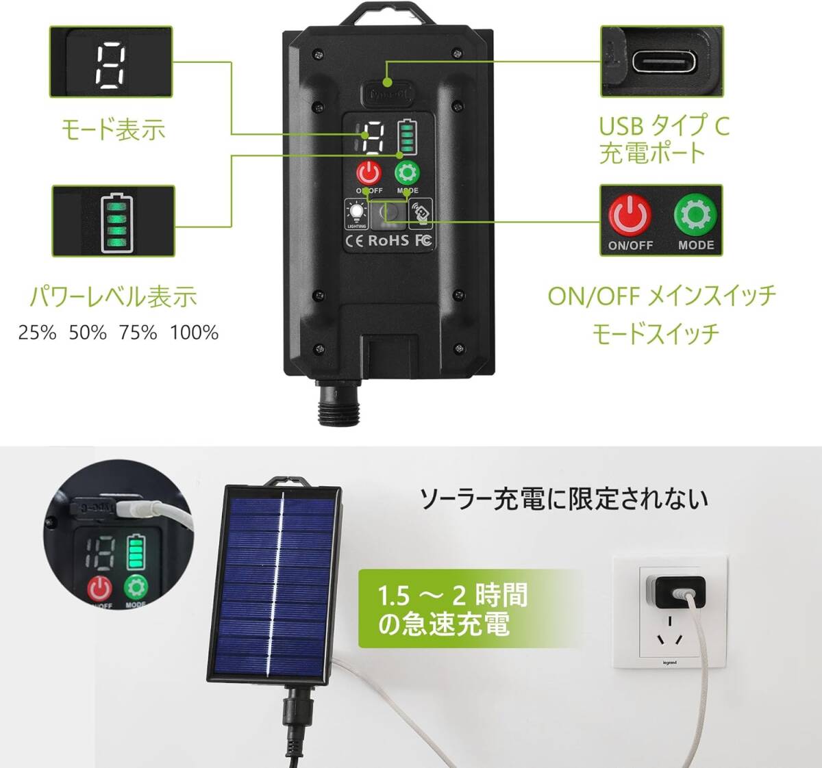 10個 LED電球 YOSION ソーラーストリングライト 12m 防雨型 夜間自動点灯 4つの調光モード PC素材 電球色 27の画像2