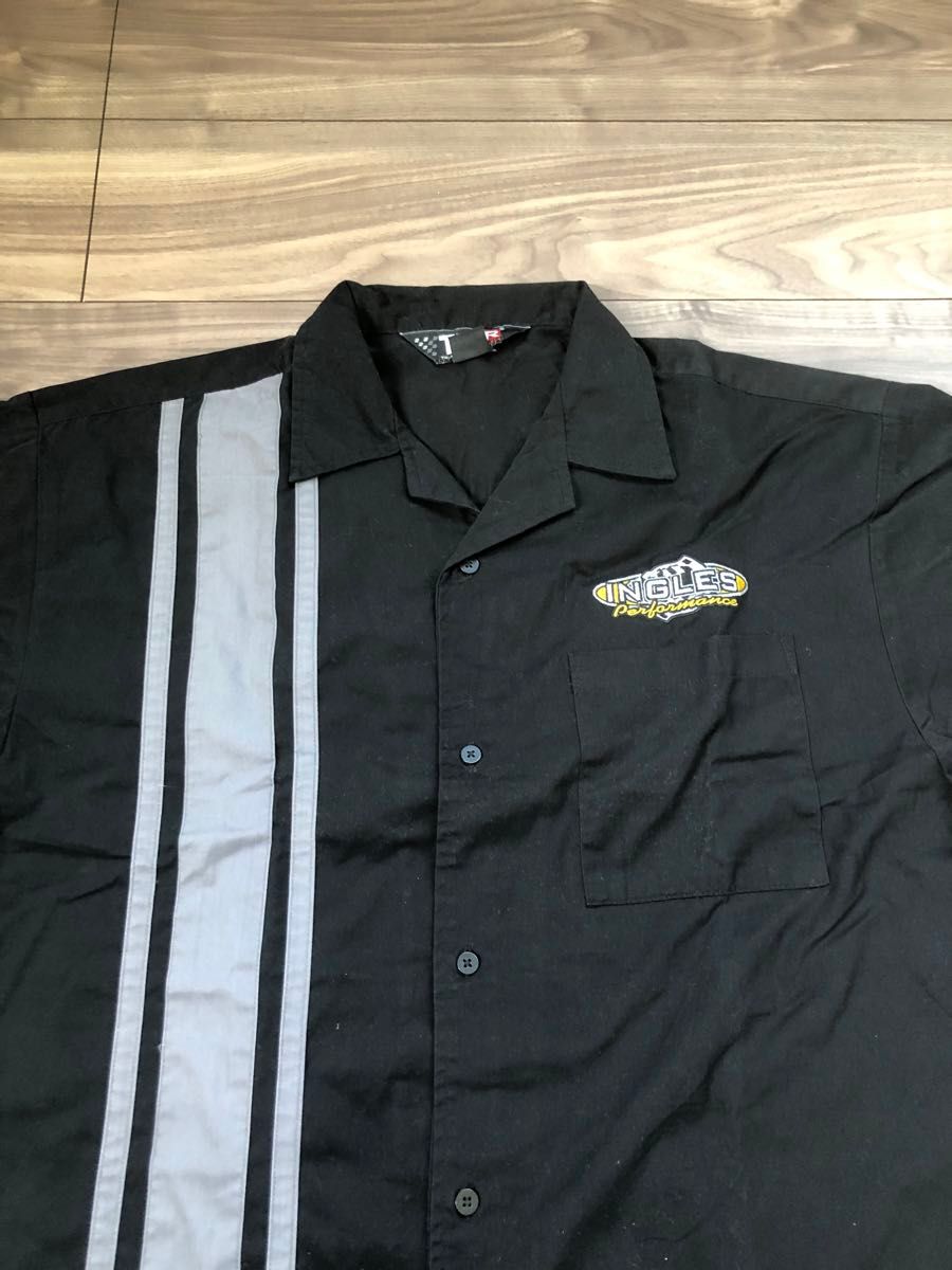 刺繍ロゴ レーシング半袖シャツ オープンカラーボーリングシャツ ブラック 黒