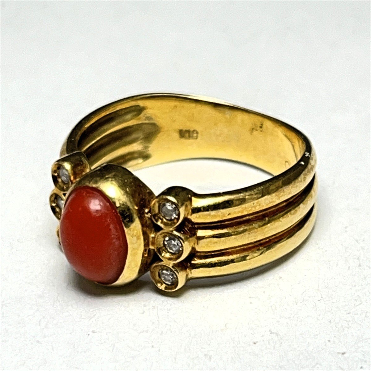 ◆ 赤珊瑚 コーラル K18 ダイヤ装飾 リング 指輪 総重量3.8g 日本サイズ8号内径15.4㎜◆