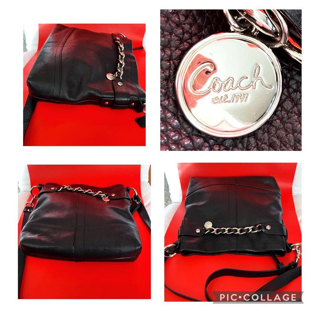 【美品】COACH コ一チブラックレザーシボ加工チン一ンショルダーバッグ　18863_画像5