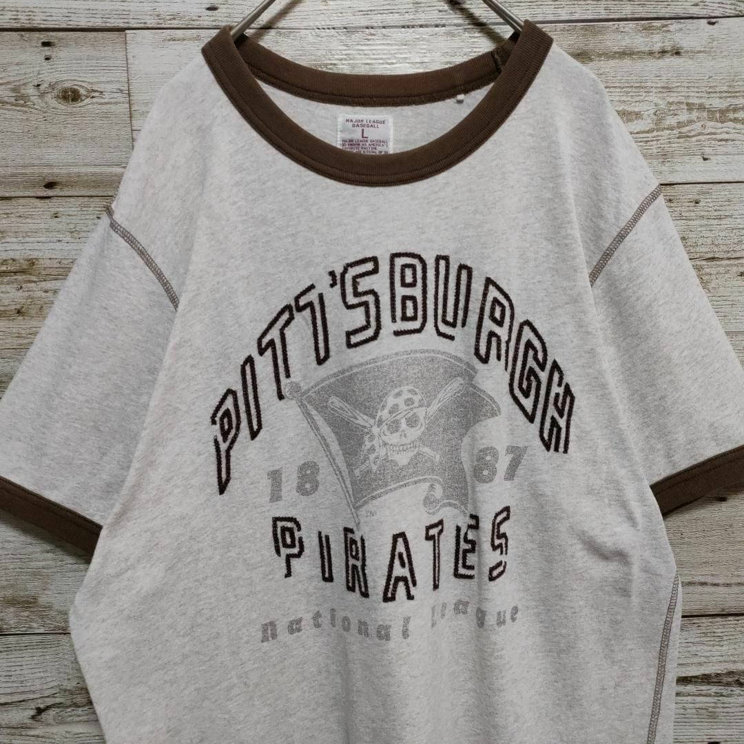 MLB PITTSBURGH PIRATES ピッツバーグ・パイレーツ ブラウン リンガーtシャツ ビッグロゴ 刺繍ロゴ＆プリント 半袖tシャツ 人気のＬの画像6