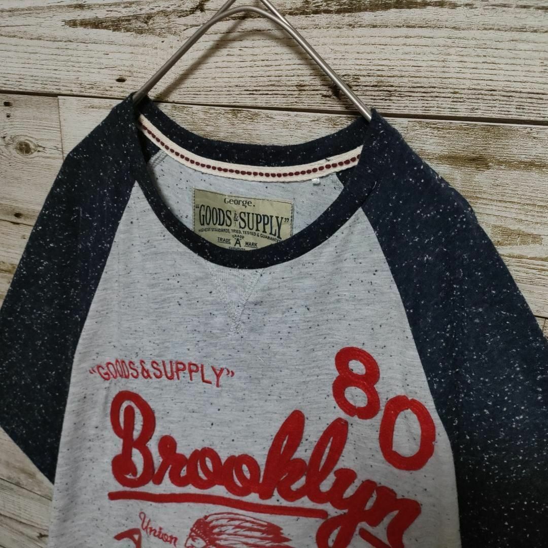  80s USA古着 シングルステッチ ラグラン バイカラー リンガーtシャツ ビッグロゴ フェルト刺繍ロゴ＆プリント半袖tシャツ Ｌサイズ