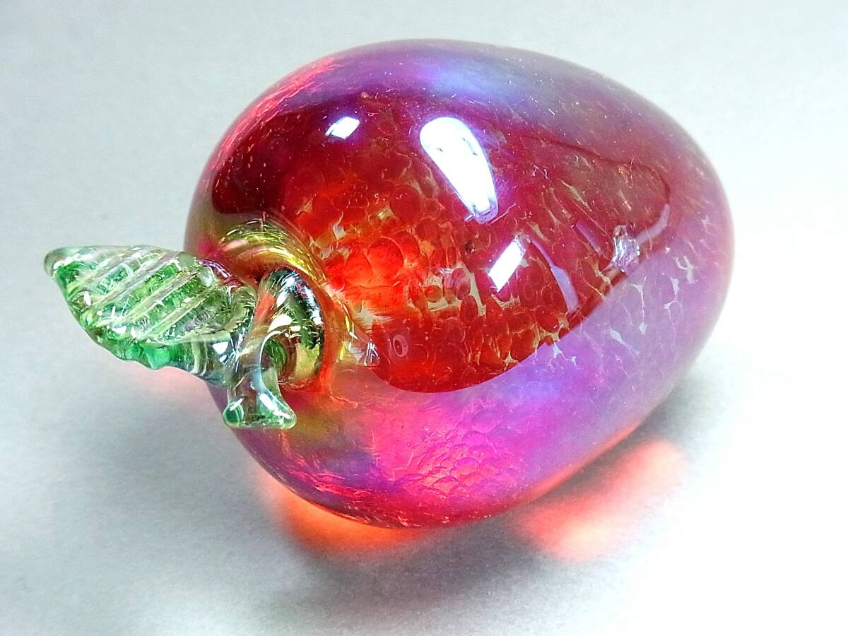 アートガラス置物2点・チェコ製 ボヘミアガラス BOHEMIA GLASS・Iris・小鳥＋赤リンゴ・作家サインありの画像8