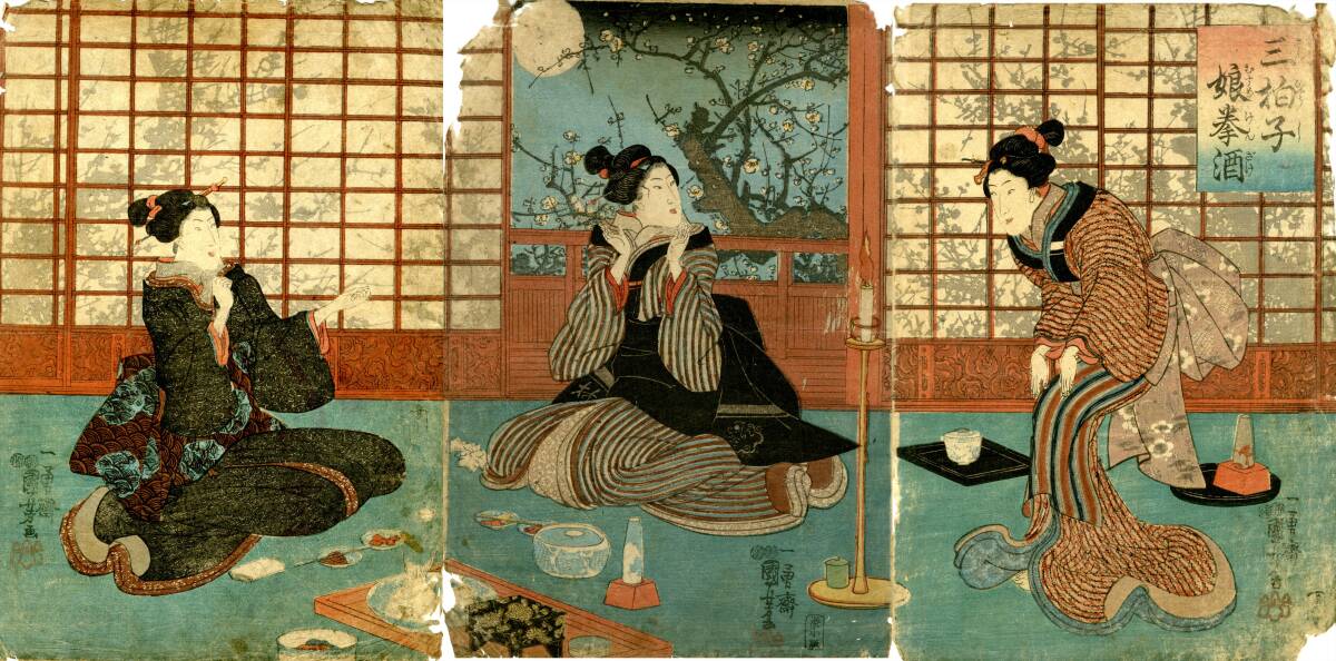  country . genuine work [ three .... sake | large size .. three sheets ..] Edo ukiyoe woodblock print .......