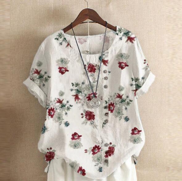 M-2XL size # new arrival blouse summer large size cotton flax casual print pattern short sleeves tops tunic easy 