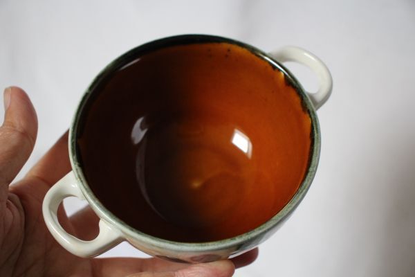 ベルギー ヴィンテージ BOCH Corfou 古い陶器のスープカップ 2個セット 美品の画像6