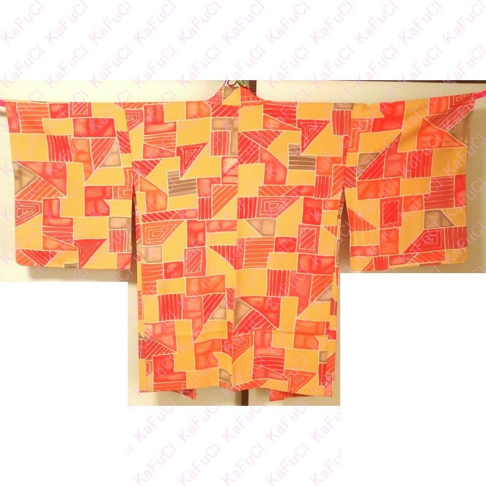 未使用 着物 羽織り オレンジ系 カジュアル 模様 四角 三角  レディース 女性 和服 和装