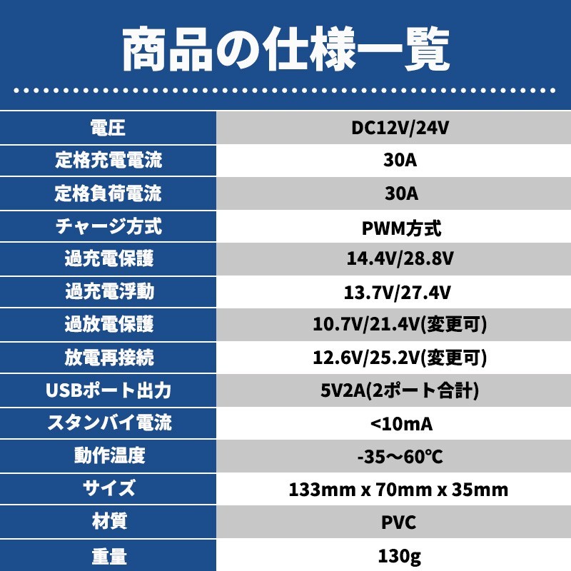 ソーラー チャージ チャージャー 30A 12V/24V コントローラー バッテリー 充電 USB LCD液晶 太陽光 充電制御 安全 キャンピングカー の画像7