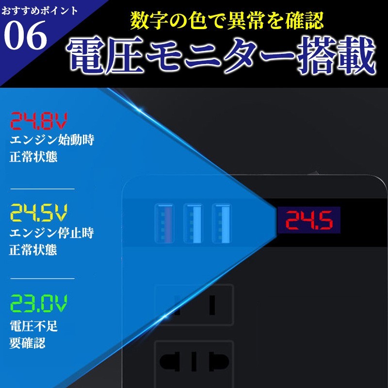 車載用 インバーター 12V 24V 共用 AC110V 変換 USB 急速 充電 シガーソケット コンセント 変換 充電 車中泊 QC3.0 カーインバーターの画像7