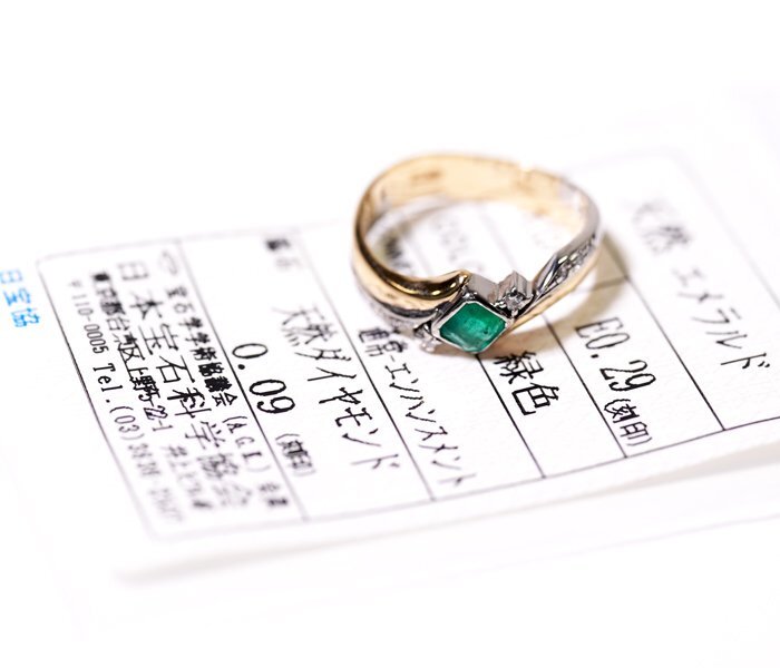 X-5*K18/Pt900 emerald 0.29ct/ diamond 0.09ct ring Japan gem science association so-ting attaching 