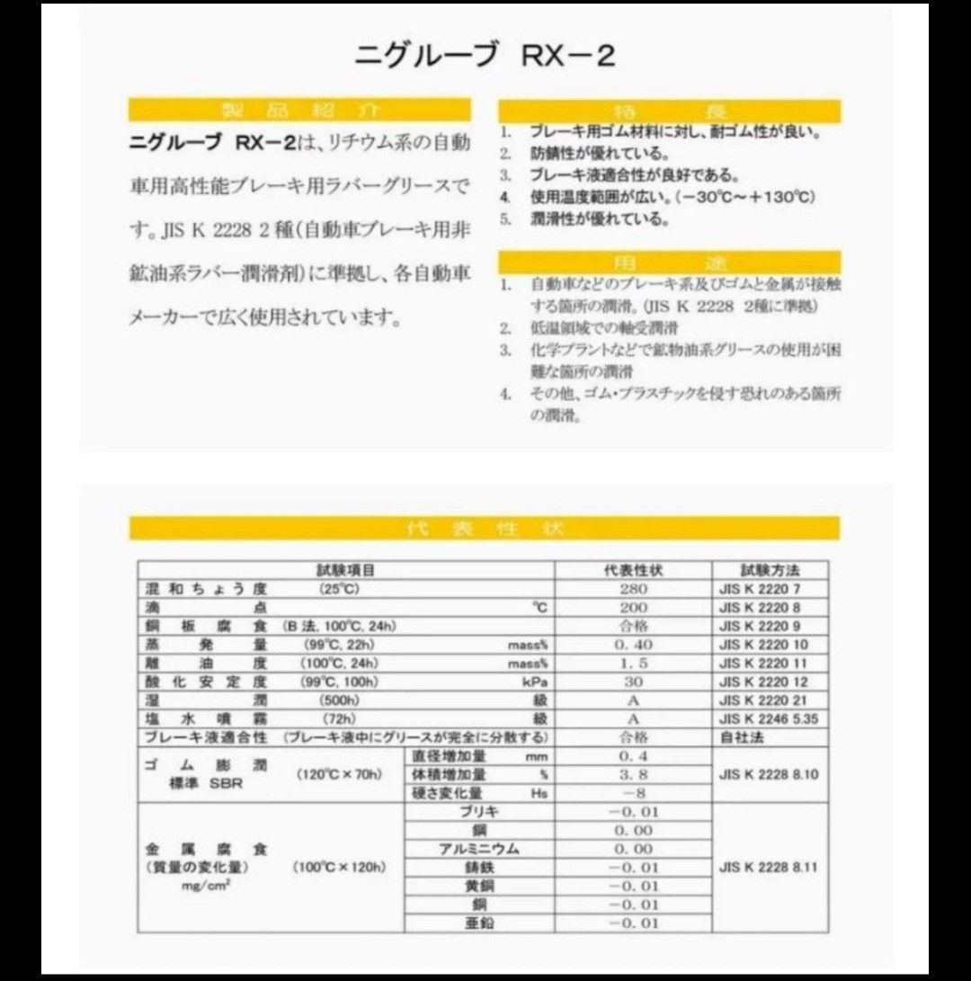 ブレーキ用 ラバーグリース ニグルーブ RX-2　日本グリース 4g×２個