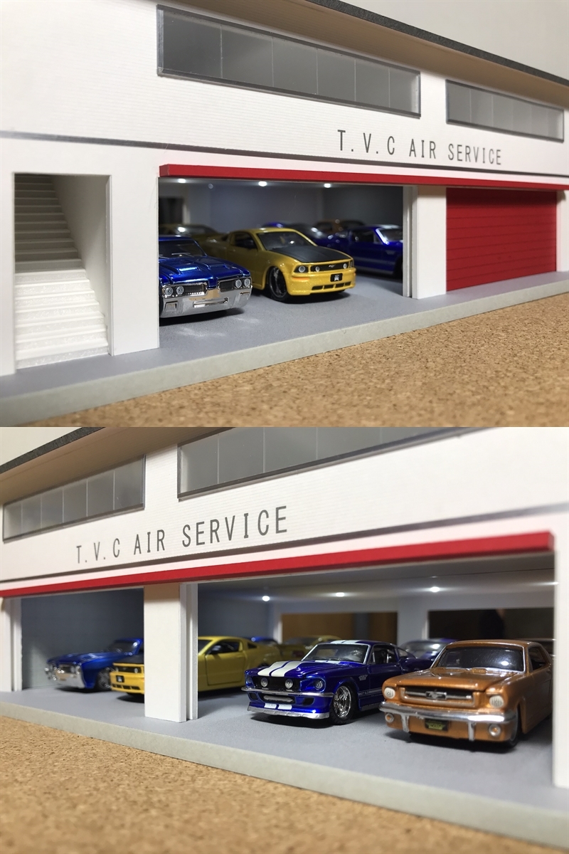 ミニカー専用ジオラマ：1/64 世田谷ベースタイプガレージ／シャッター＆LED照明付／MDFボード下地／ガレージミラー貼り／希少モデル！の画像6