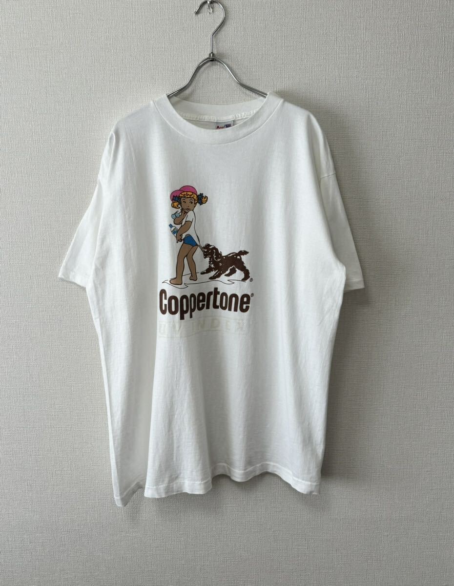 90's USA製 XL COPPERTONE VINTAGE コパトーン ビンテージ 企業 プロモーション リトルガール 女の子 プリント Tシャツ 白 apple maxell の画像1
