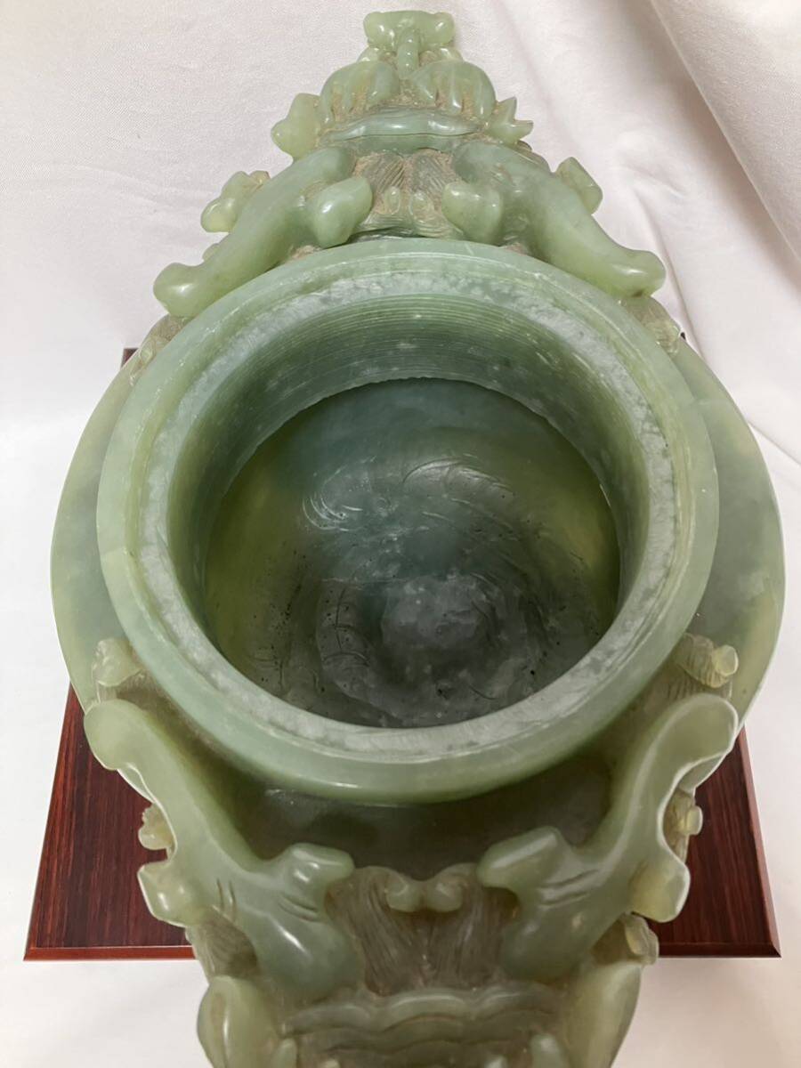 中国古玩 唐物 緑砡石 翡翠 置物 遊環 香炉 時代物 龍 中国美術 台座から35cm
