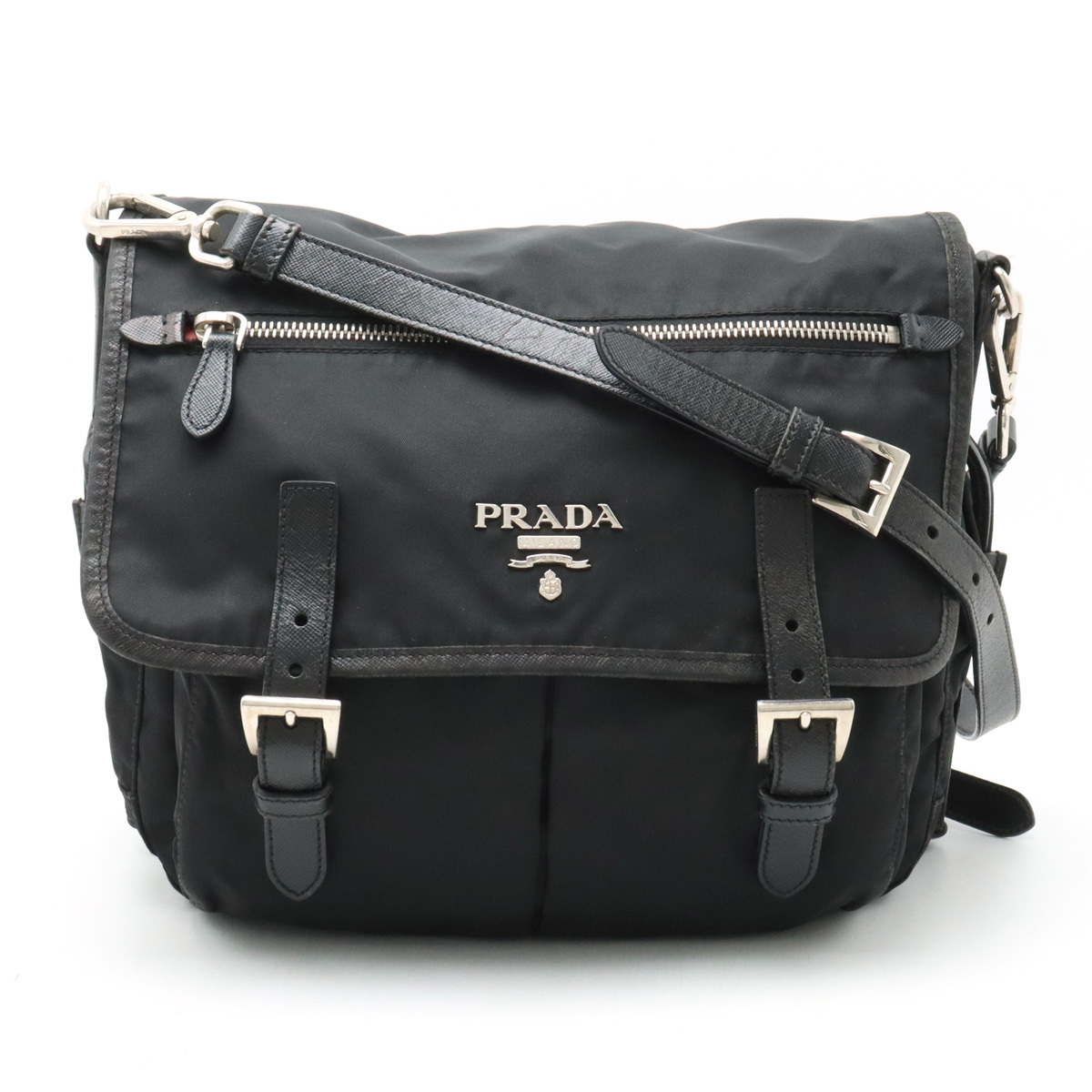 PRADA プラダ ショルダーバッグ メッセンジャーバッグ 斜め掛け ナイロン レザー NERO 黒 ブラック シルバー金具_画像1