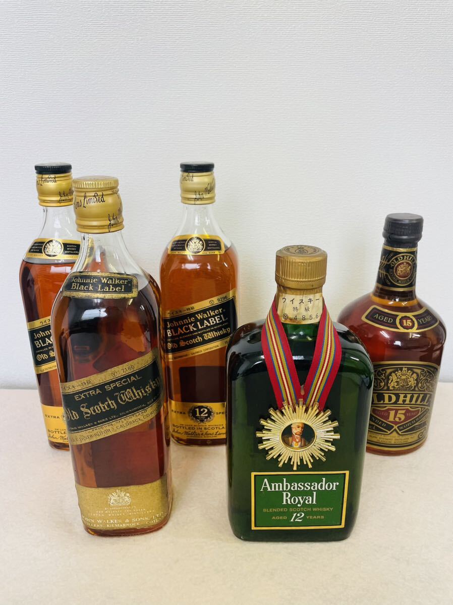 O 古酒ウィスキー5本まとめ Johnnie Walker Black LabeL12年、ジョニーウォーカー金キャップ、Ambassador Royal 12年、OLD HILL 15年の画像1